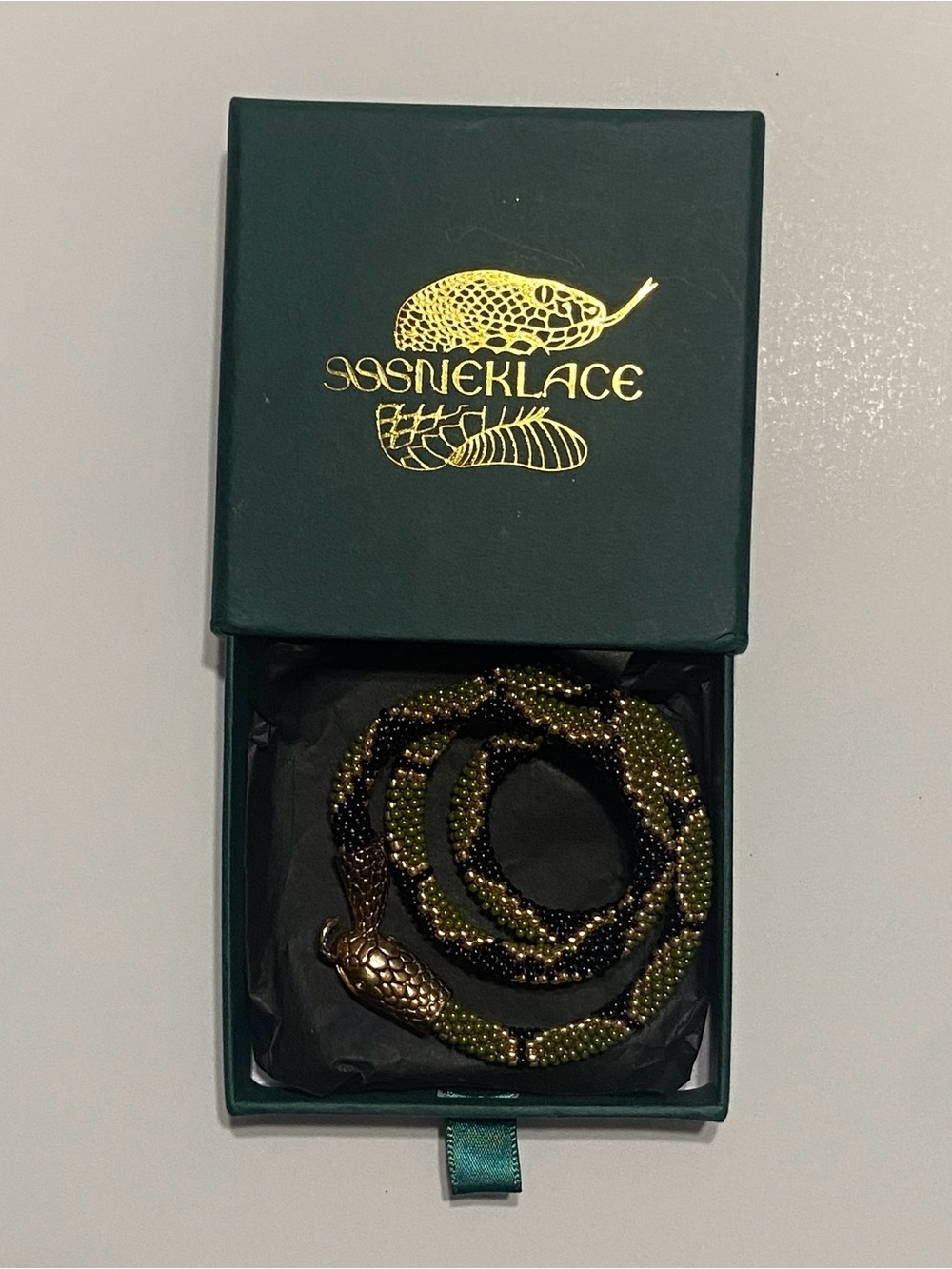 Green Ouroboros Snake Wrap Necklace Gold Tone Beaded Statement | 18”